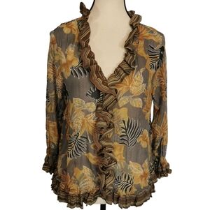 Jaipur Ruffled V-Neck Long Sleeve Button Front Leaf Print Blouse - Sz S